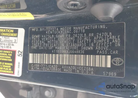 2018 Toyota Camry Se из США, поврежденный, VIN 4T1B11HK4JU648836